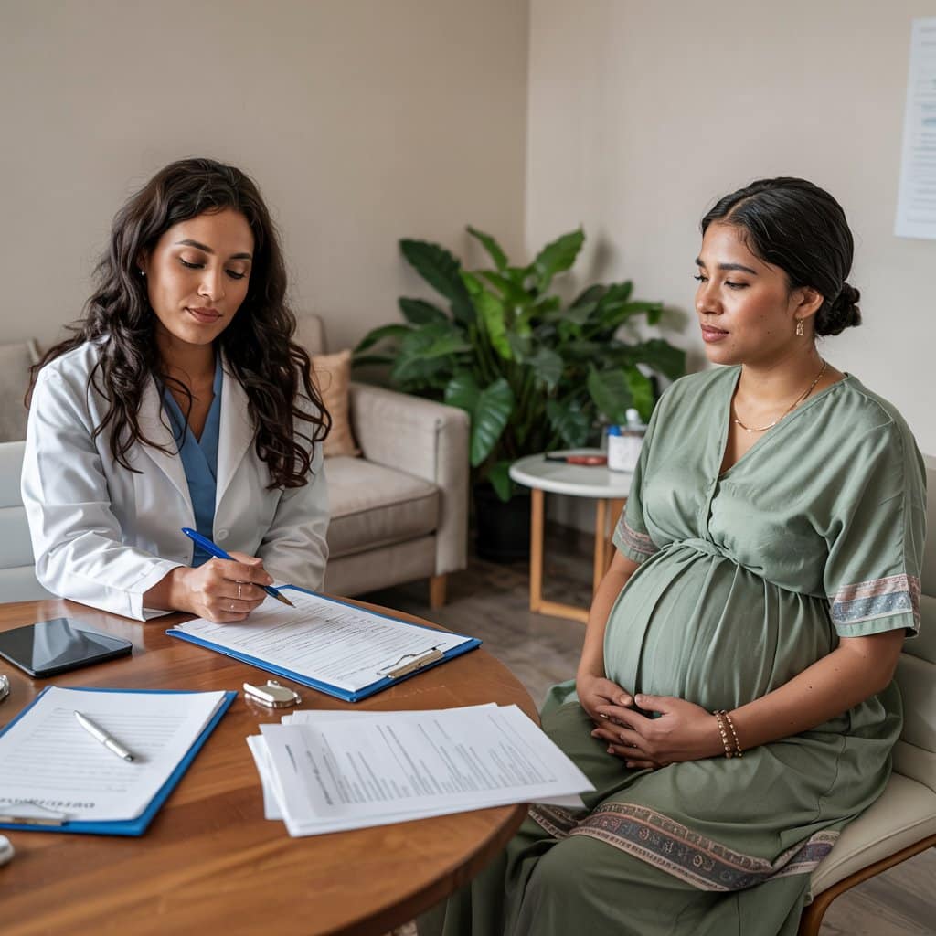 Pregnant woman consulting with female doctor at maternity clinic